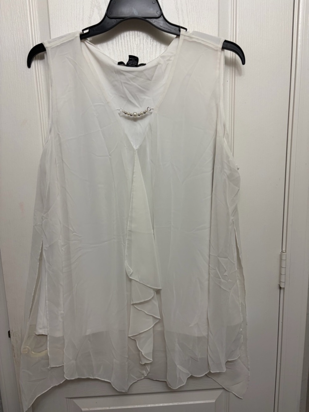 White Sleeveless Ruffle Front Top with Pearl Accent blouse